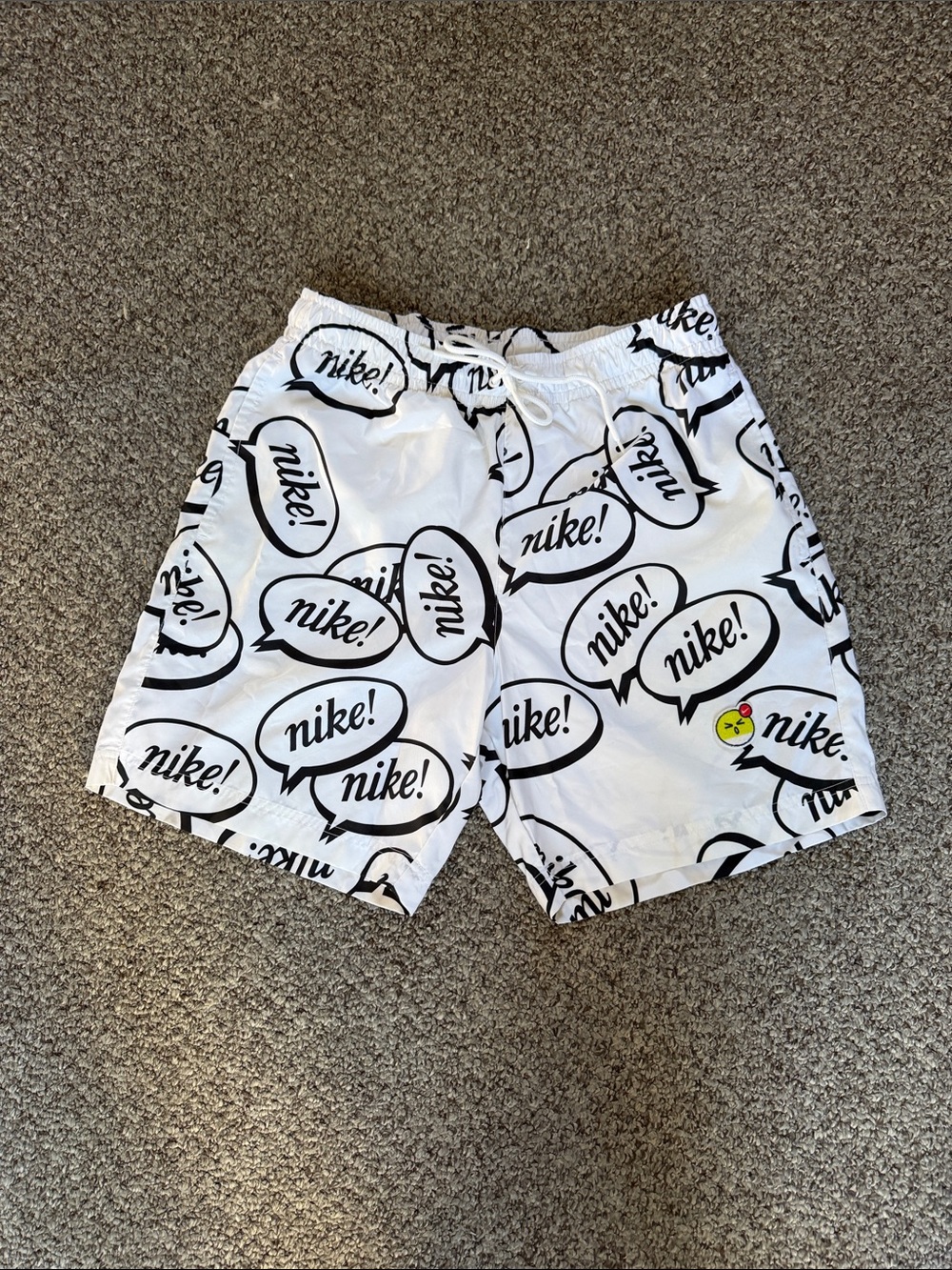 Nike White Athletic Shorts/Swim Black Speech-Bubble Print and Yellow Accent